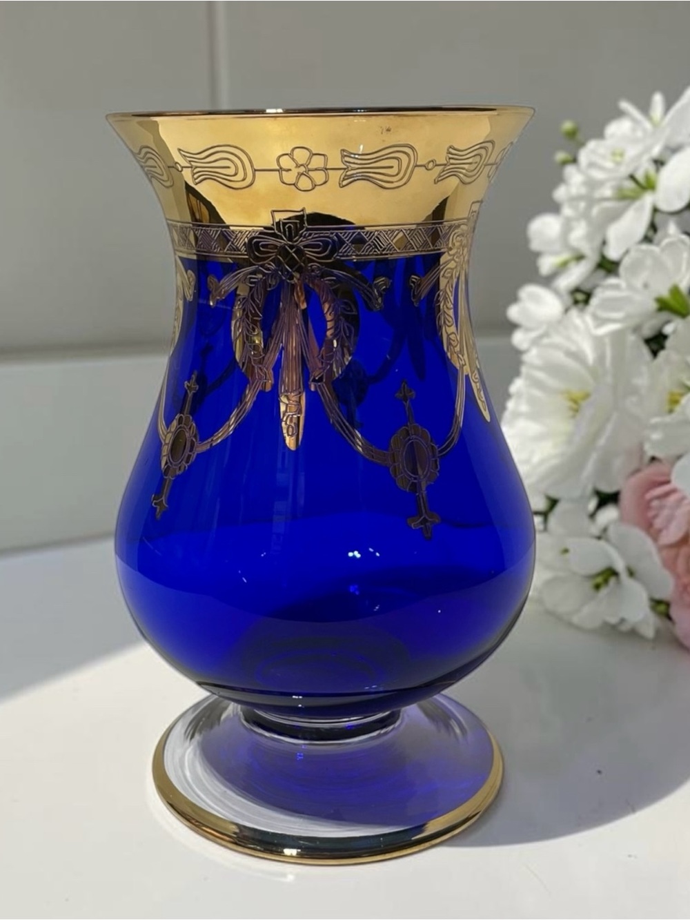 Vintage Cobalt Blue Art Glass Vase Gold Gilt Bohemian Style Decor